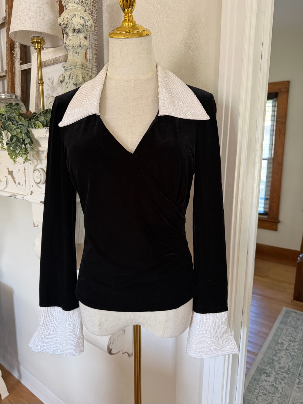 Vintage JS Collections Black Velvet Top with White Beaded Collar & Cuffs